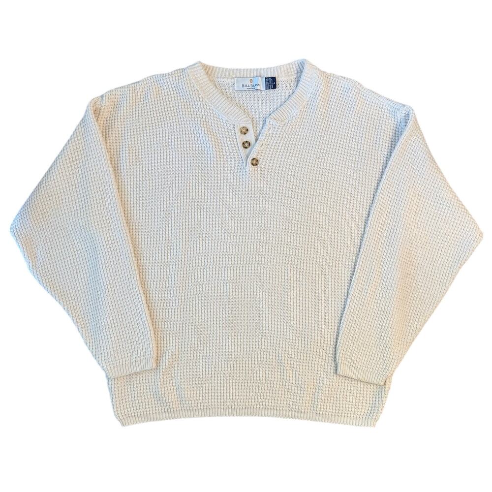 VTG Waffleknit Henley Sweater 100% Cotton 90s Cream Made USA Bill Blass Sz Large